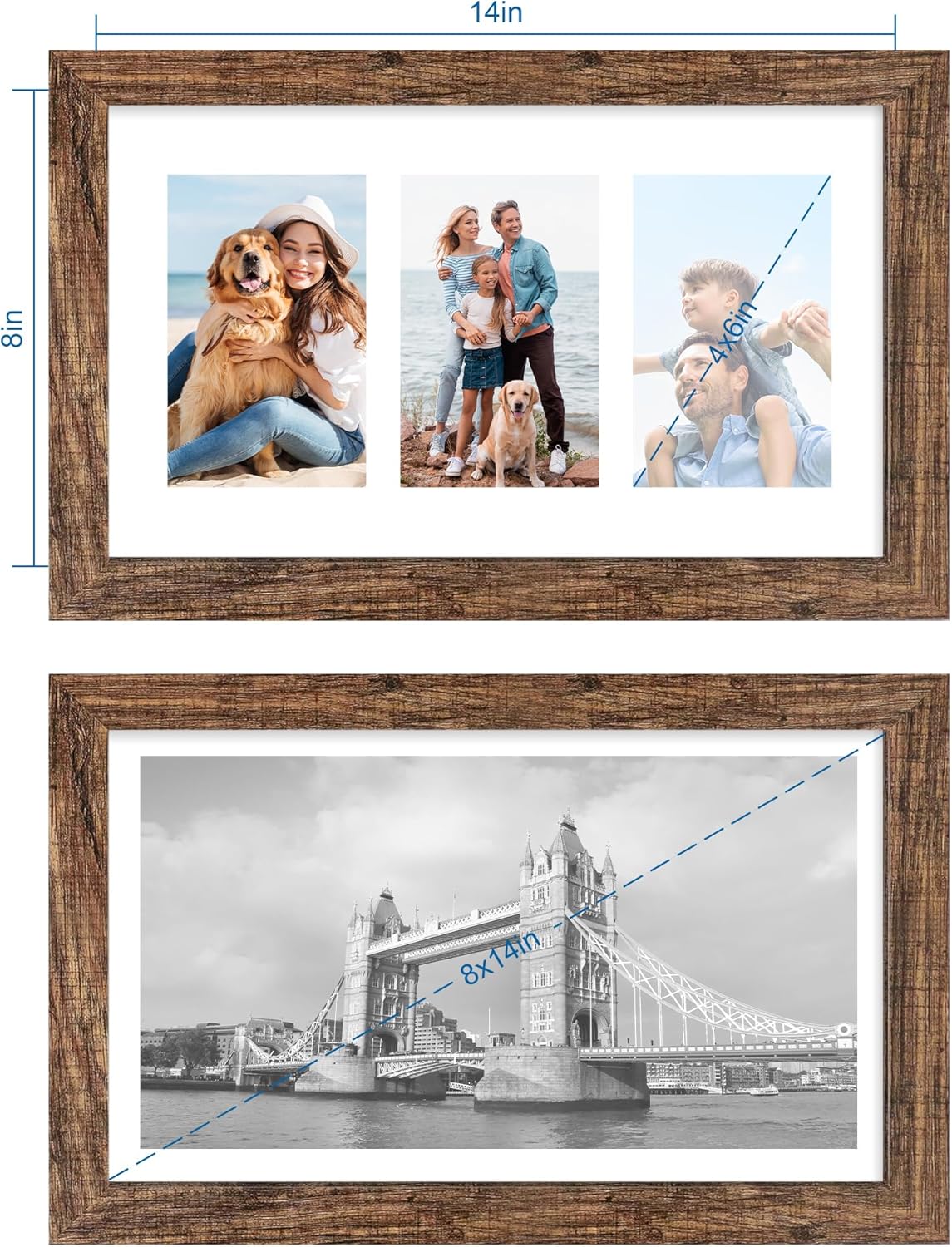 8x14 Picture Frame Set of 2, Rustic Brown Wood Frame with Glass Collage Frame, Display Pictures