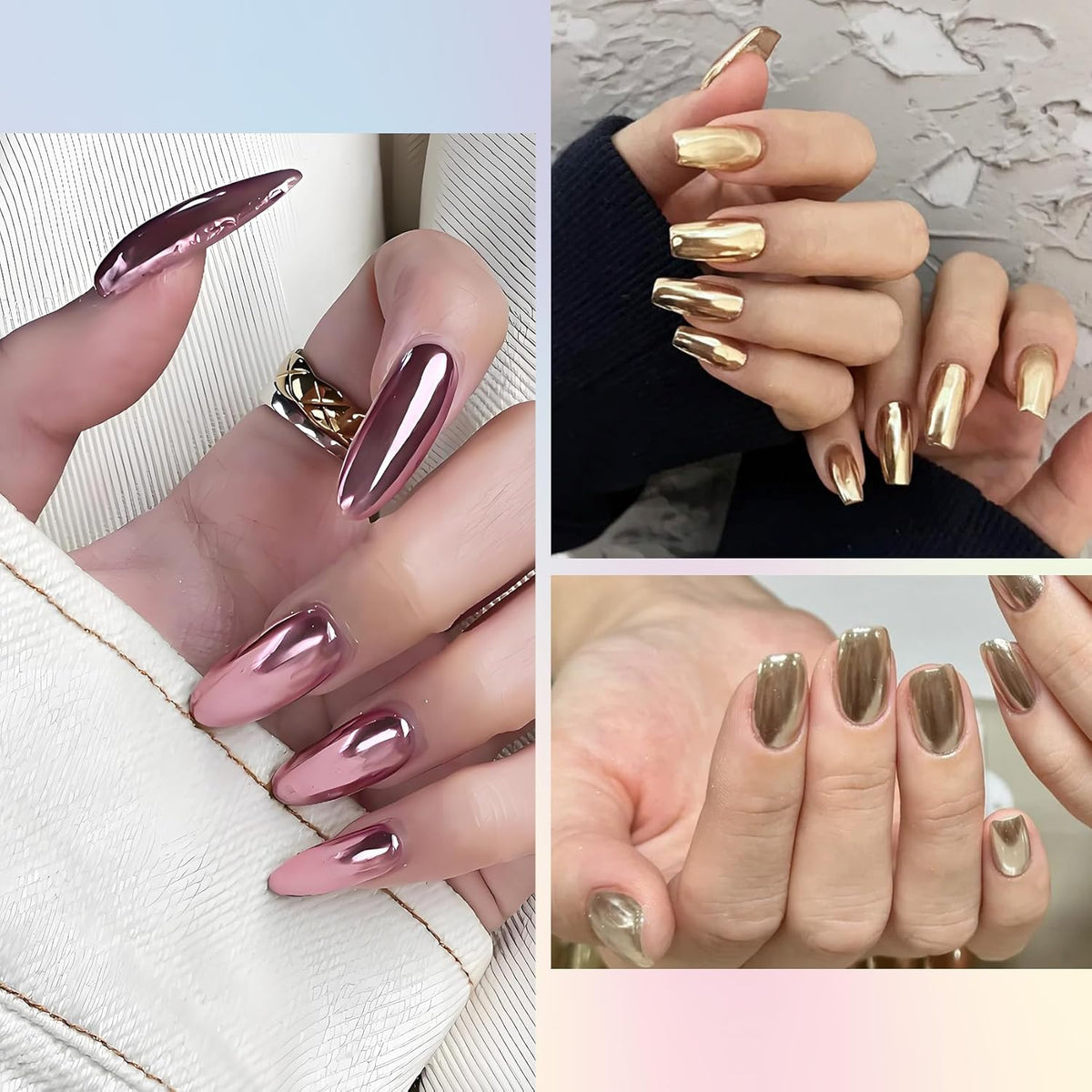 Chrome Nail Powder Kit: 10 Jars 8 Colors Metallic Mirror Effect 2 Colors Holographic Aurora