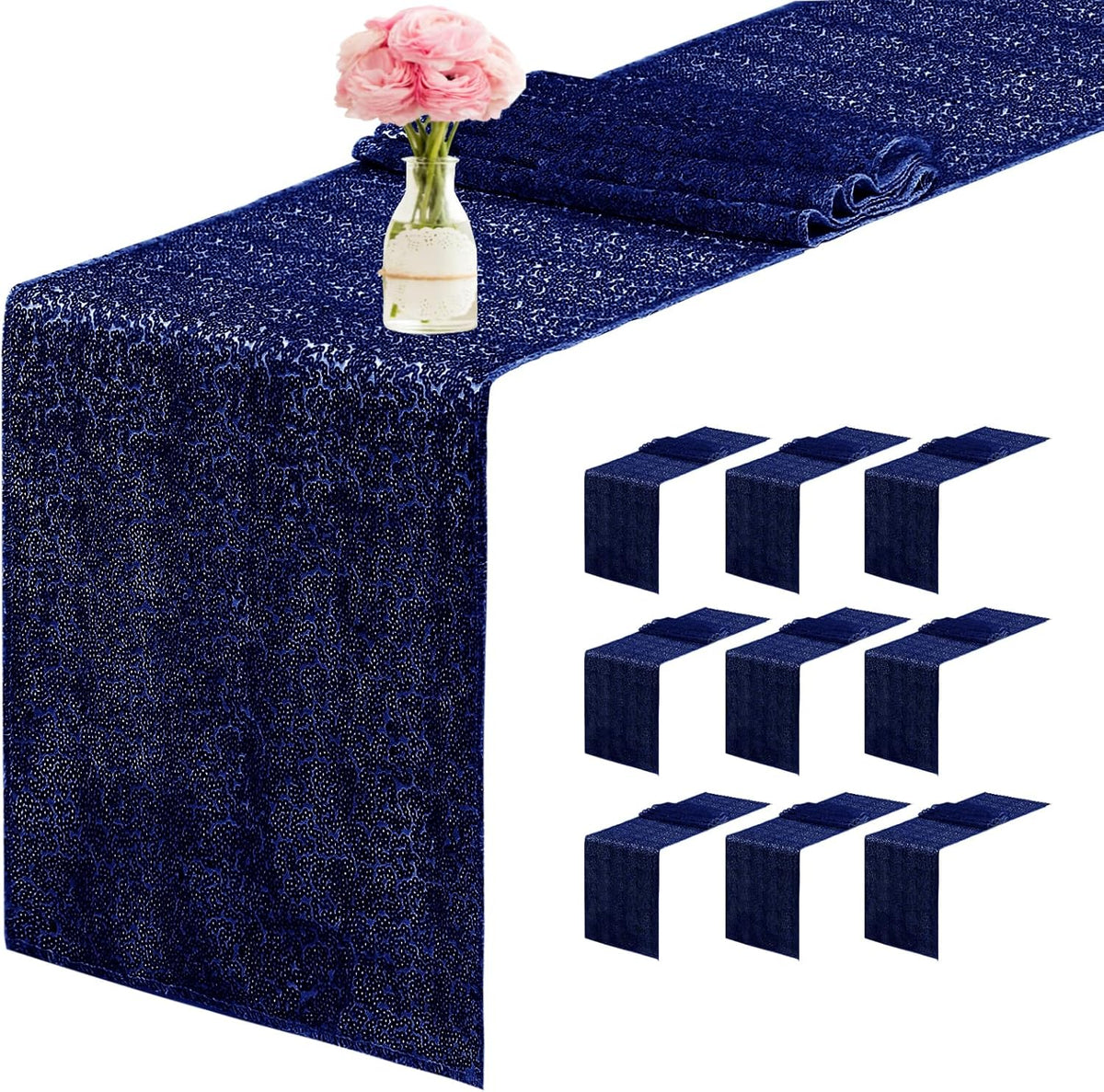 10 Packs 12 x 72 inches Sequin Table Runner, Navy Blue Glitter Table Runner for Birthday Party