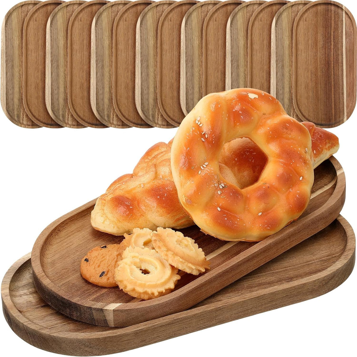 Wenqik 18 Pieces Acacia Wood Tray Set 10 x 5 Inch Acacia Oval Wood Tray Platters Plates Set for