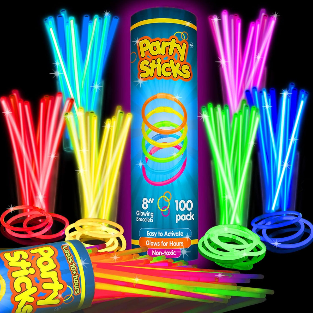 PartySticks Ultra Bright Glow Sticks Bulk Party Supplies 100 Pack - 8" Glow in the Dark Light Up