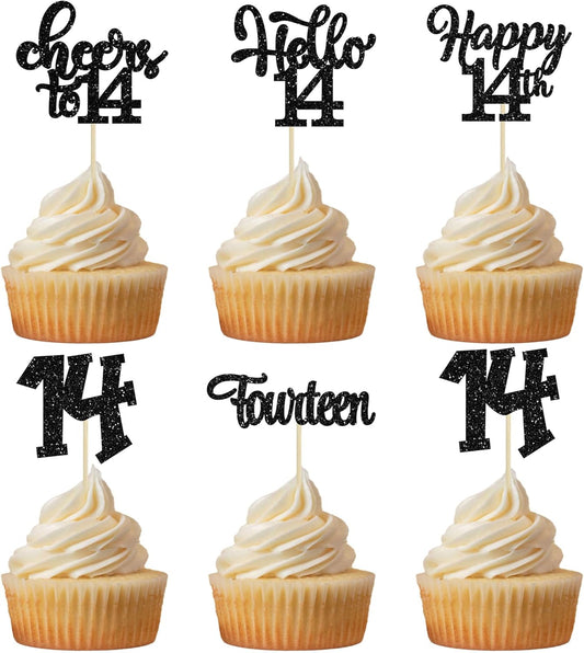 30Pcs 14th Birthday Cupcake Toppers Hello 14 Cupcake Picks Fourteen Cheers to 14 Years Old Cake