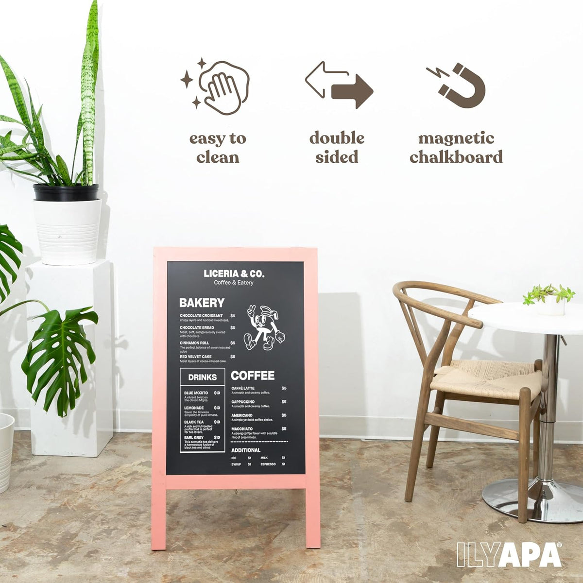 Ilyapa Wooden A-Frame Sign with Eraser & Chalk - 40 x 20 Inches Magnetic Sidewalk Chalkboard – Pink