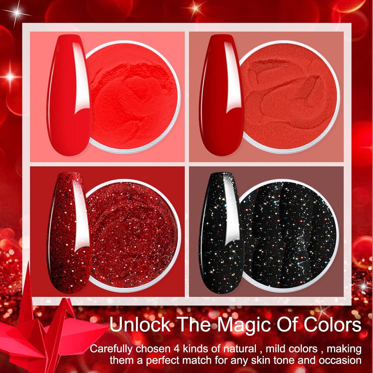 Honey Joy Dip Powder Nail Kit Starter,4 Colors Deep Red Glitter Holographic Black Dipping Powder
