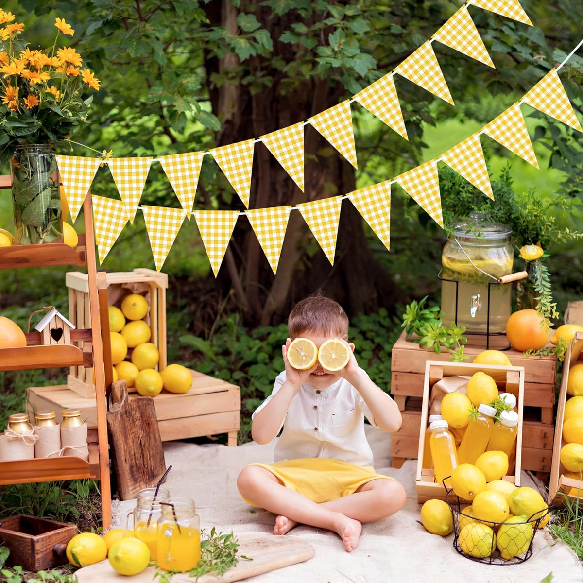 Yellow Gingham Banner for Picnic, BBQ Themed Party Decorations, Yellow and White Checkered Bunting