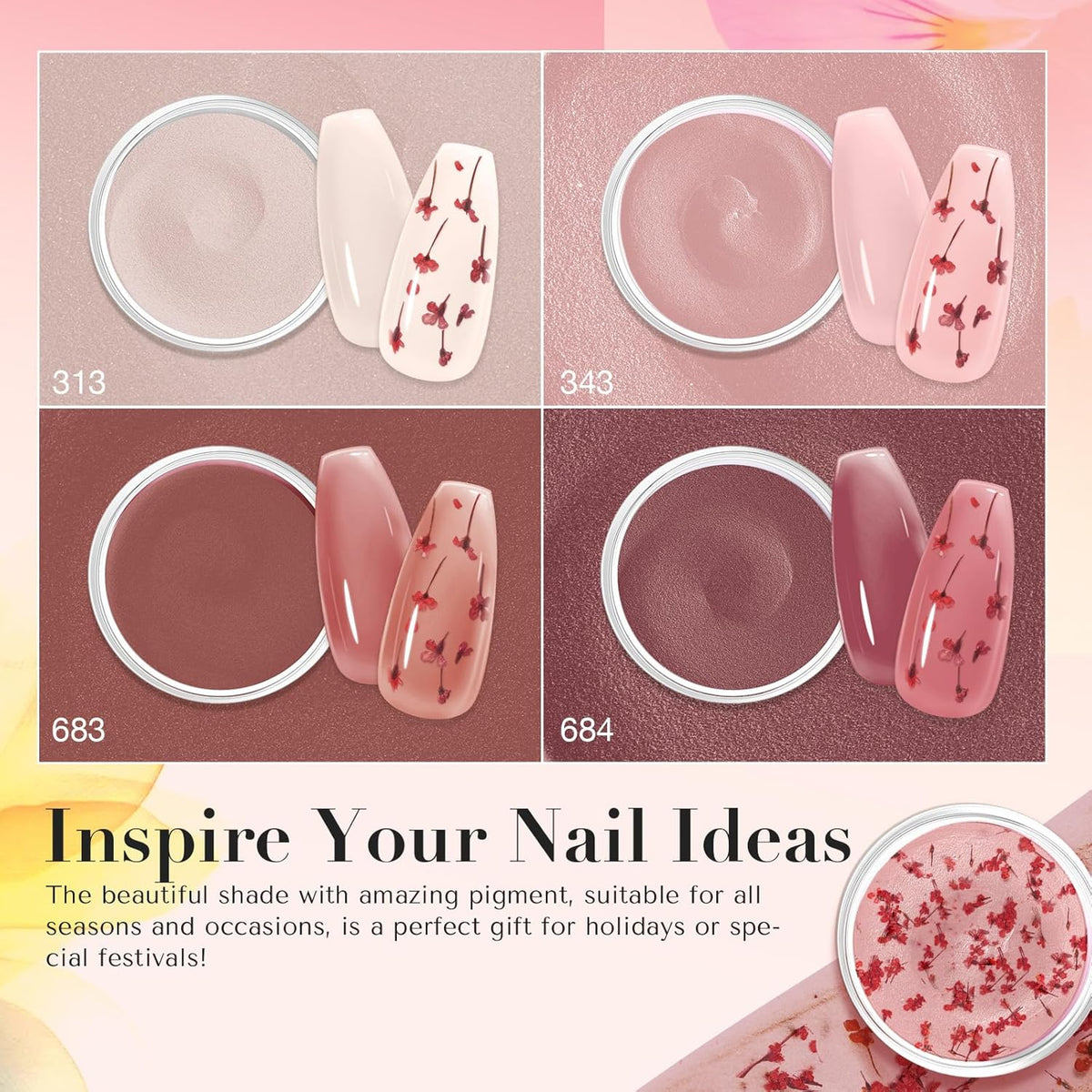 AZUREBEAUTY Dip Powder Nail Kit, 4 Colors Jelly Transparent with Dried Flower Set, Nude Brown