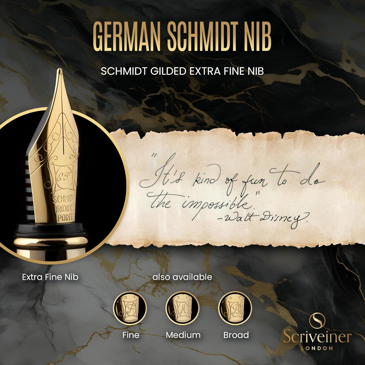 Scriveiner Black Lacquer Fountain Pen - Stunning Luxury Pen, Real Gold Finish, Schmidt Gilded Nib