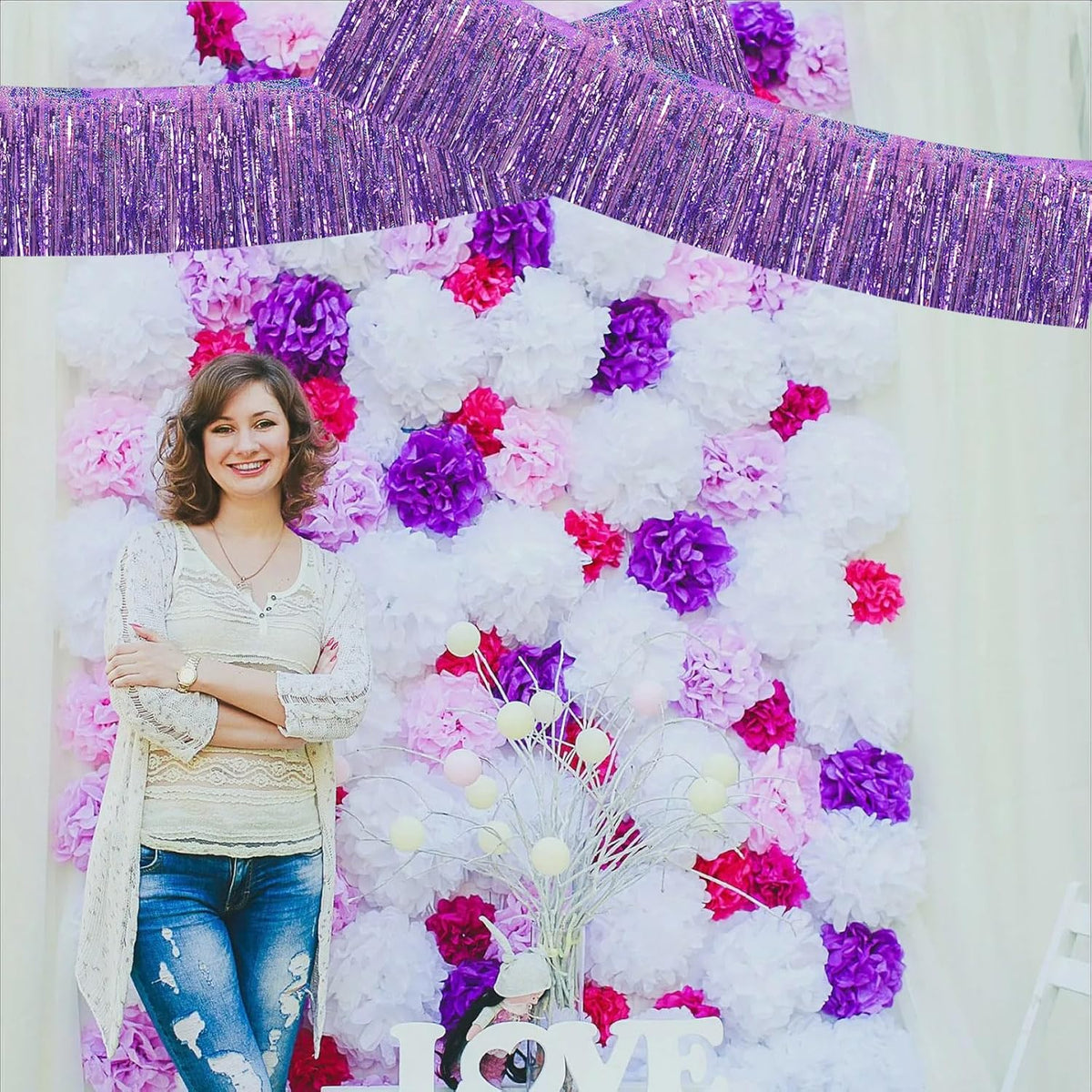 BEISHIDA 3 Packs Metallic Foil Fringe Garland Laser Light Purple Wall Hanging Tinsel Fringe Banners