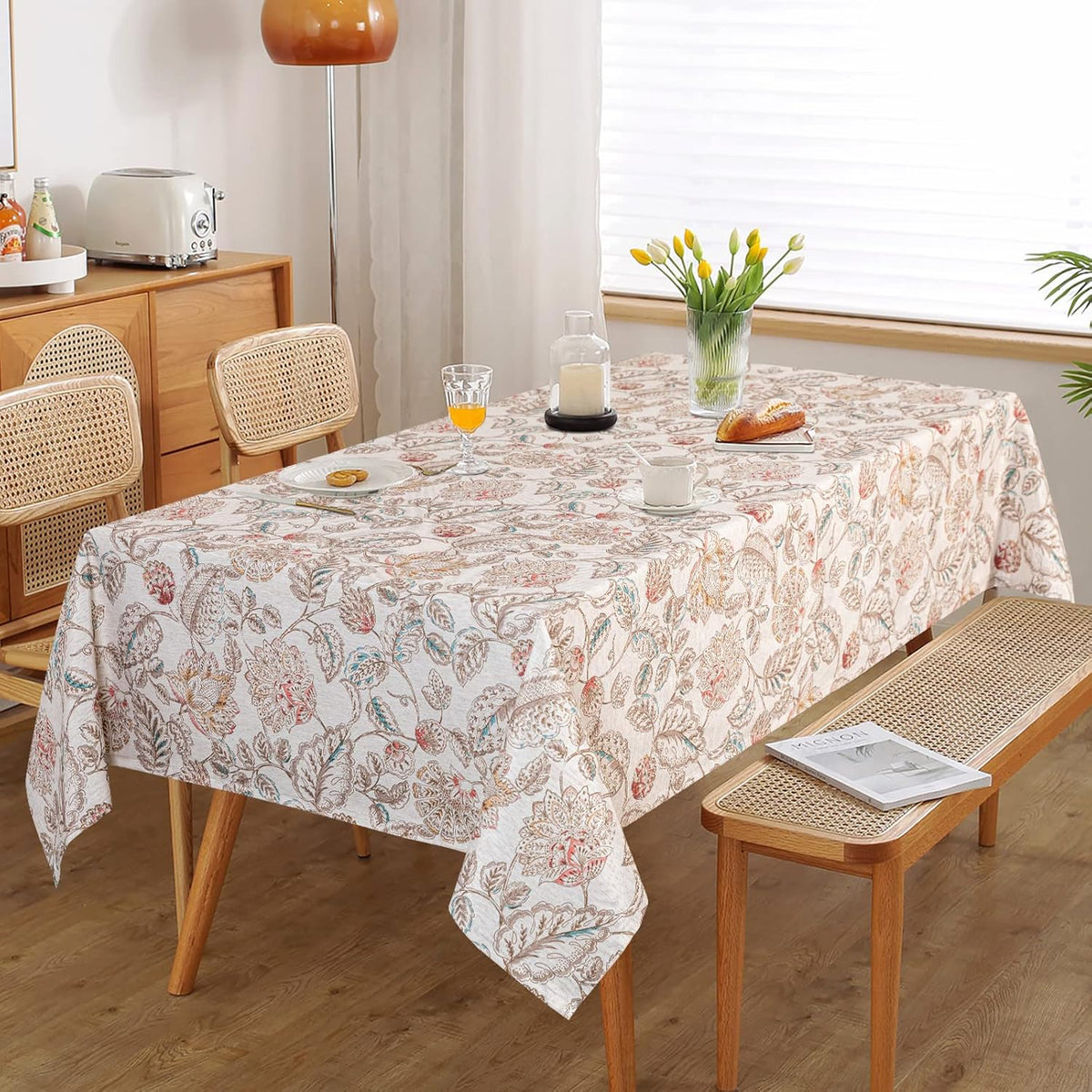 MYSKY HOME Linen Floral Tablecloth Rectangle 60x84 Inch Rustic Tablecloth Spring Summer Waterproof