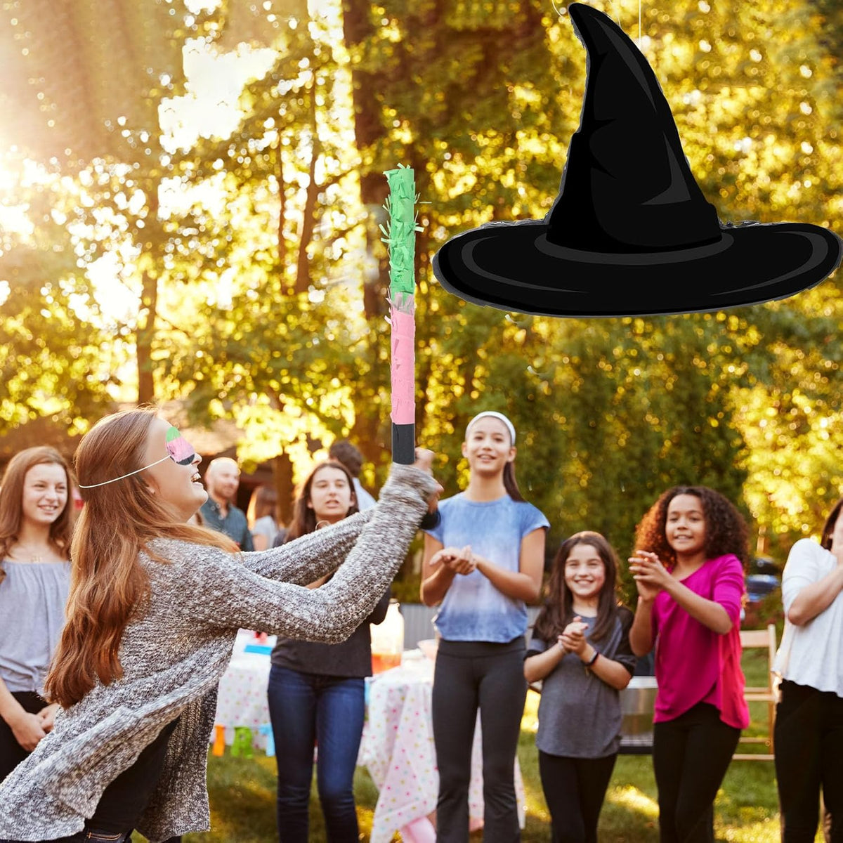 Kasyat Witch Hat Piñata Party Game Set Halloween Theme Piñata with Bat Stick Blindfold Pink Green
