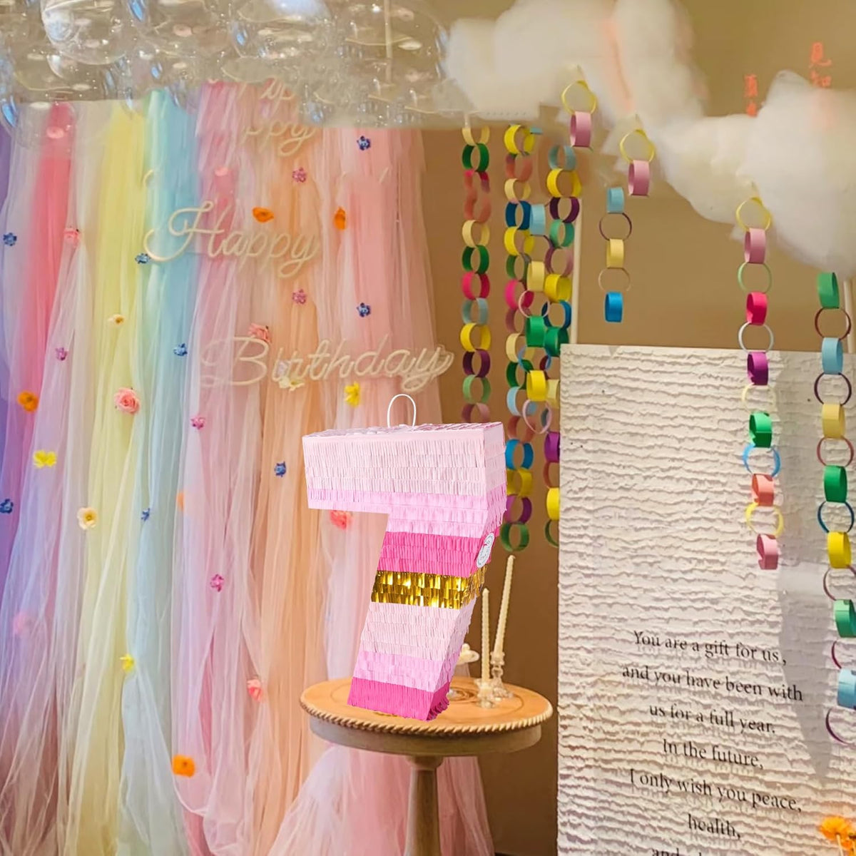 PCFING 20 Inch Number 7 Piñata Pink Gold with 30 Inch Piñata Stick Blindfold Confetti for Boys