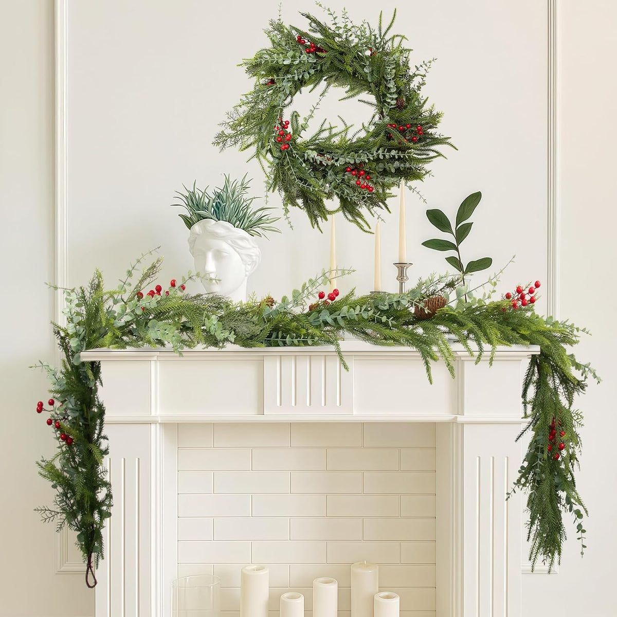 6FT Christmas Garland Norfolk Pine Tree Artificial Cedar Eucalyptus Greenery, Realistic Pine