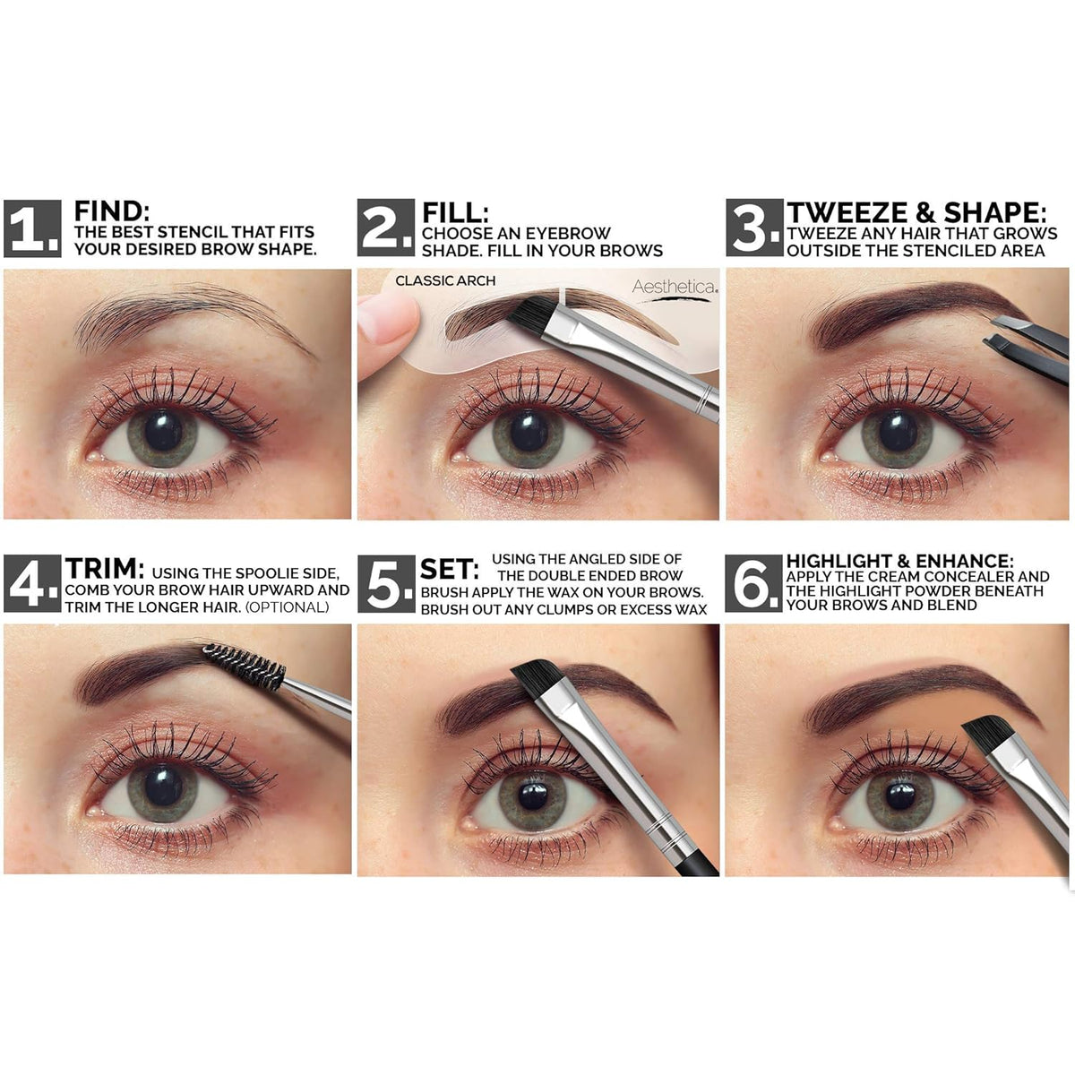 Aesthetica Brow Contour Kit 16-Piece Eyebrow Makeup Palette Set 6 Eyebrow Powders, 5 Eyebrow