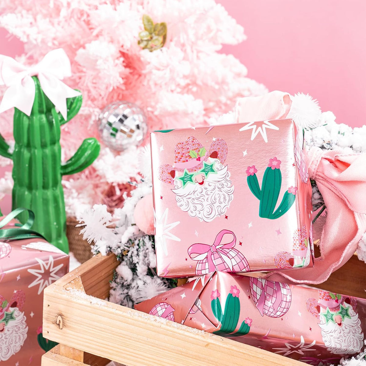 LeZakaa Pink Christmas Wrapping Paper Roll for Girls Women, Santa Disco Ball Cactus Design, Rose