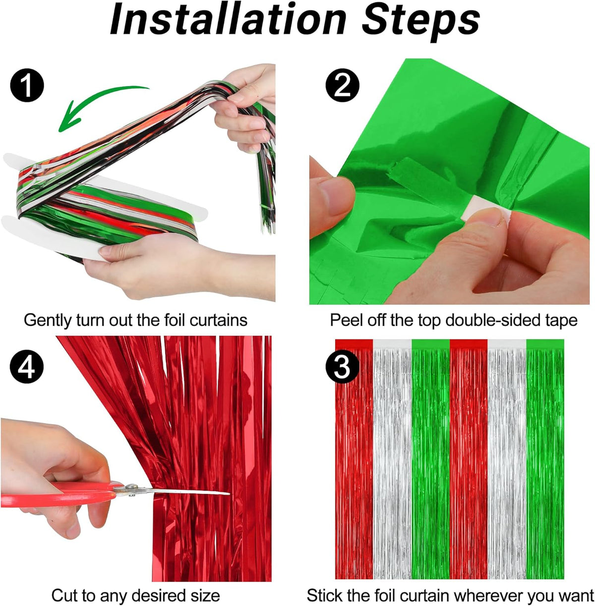 2 Pack Christmas Backdrop, 3.28 FT x 7.05 FT Red Silver Green Party Streamer, Metallic Xmas