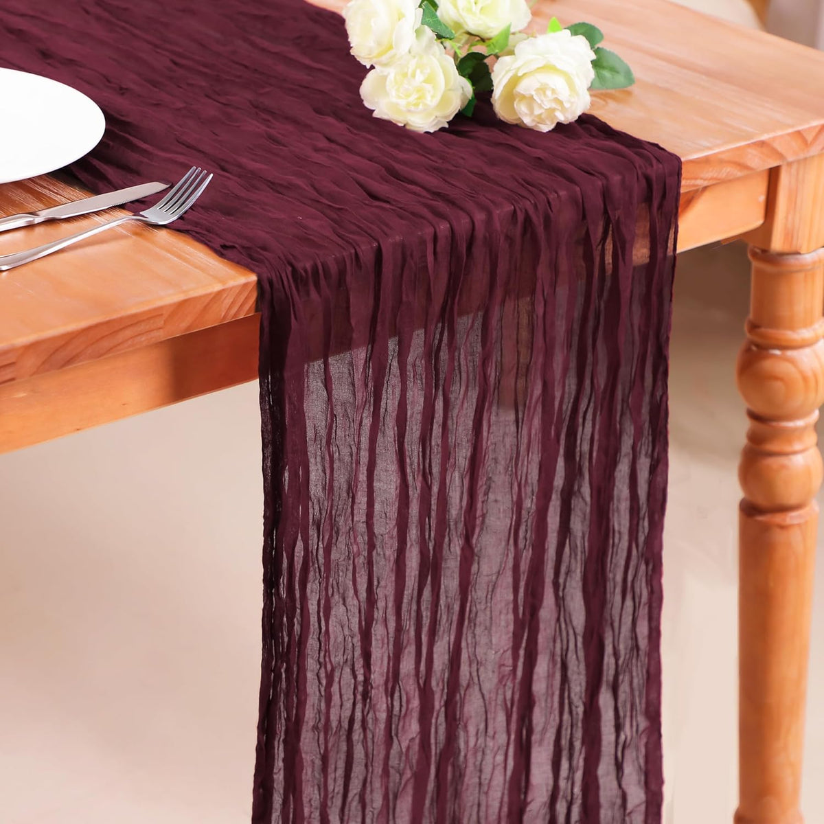Snowkingdom 10 Ft Burgundy Red Fall Thanksgiving Cheesecloth Table Runner, Cheese Cloth Boho Rustic