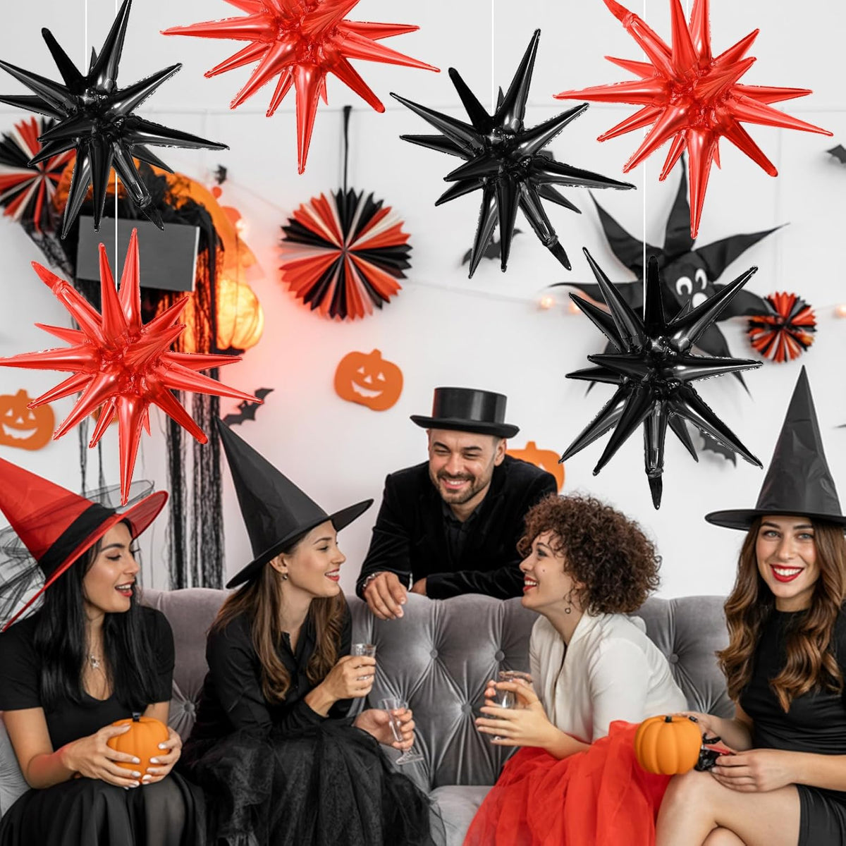 Black Red Star Balloons,9Pcs 22Inch Black Red Explosion Spike Cone Helium Polyester Film Star Foil
