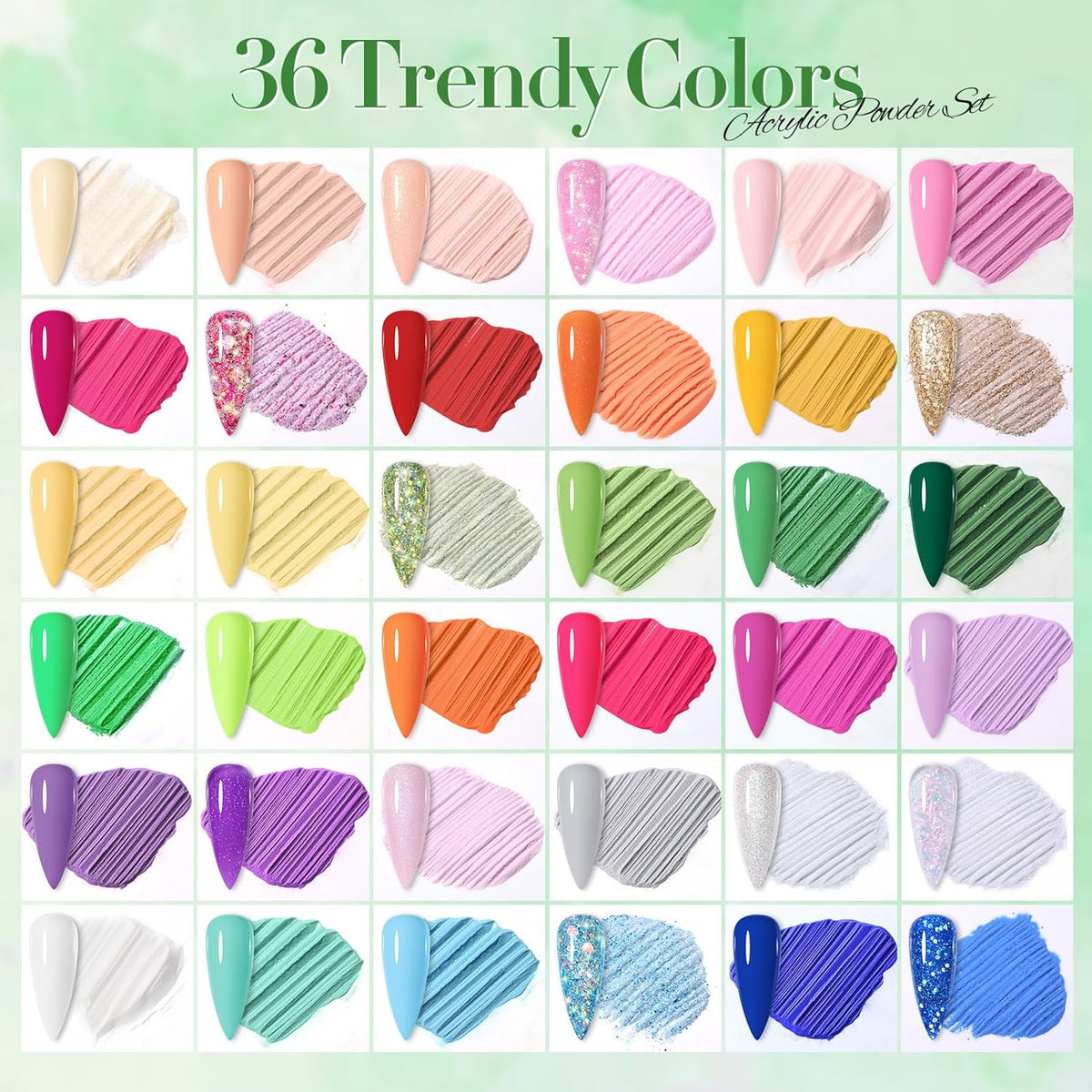 BORN PRETTY Acrylic Powder Set 36 Colors Spring Summer Acrylic Nail Powder Nude Pink Red Green Blue