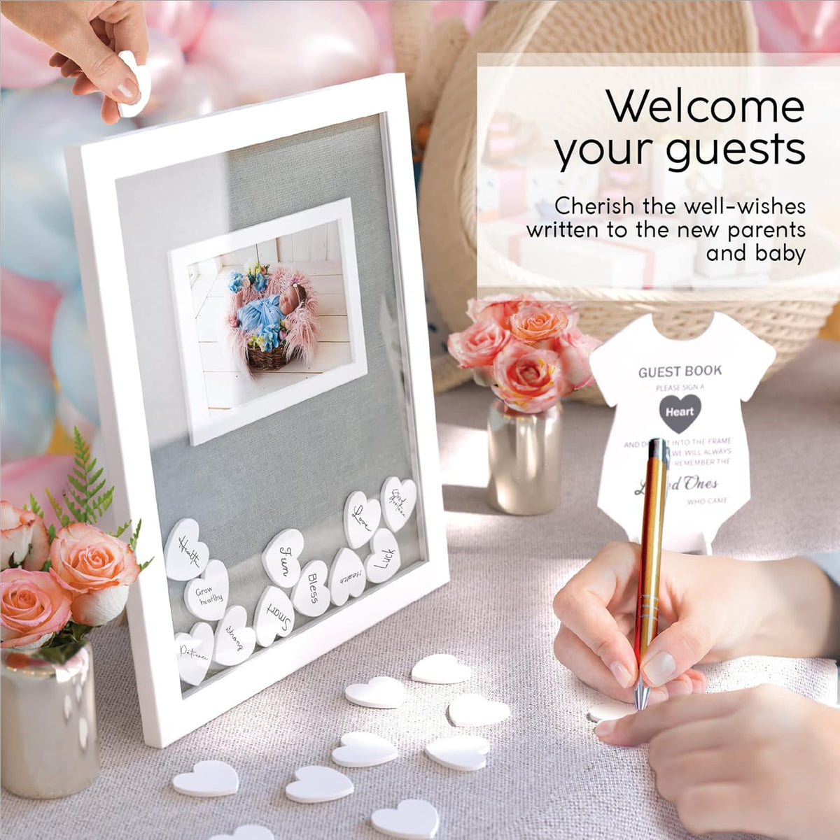 GLM Premium Baby Shower Guest Book with Welcome Sign & 50 Hearts - Perfect Keepsake Memory Book for