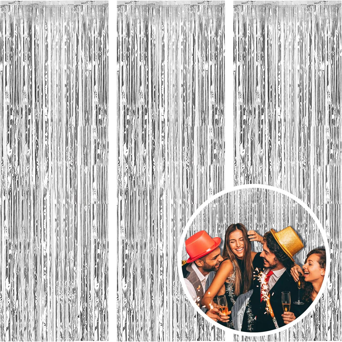3 Pack Silver Foil Fringe Backdrop Curtains Party Streamers Metallic Tinsel Birthday Backdrop