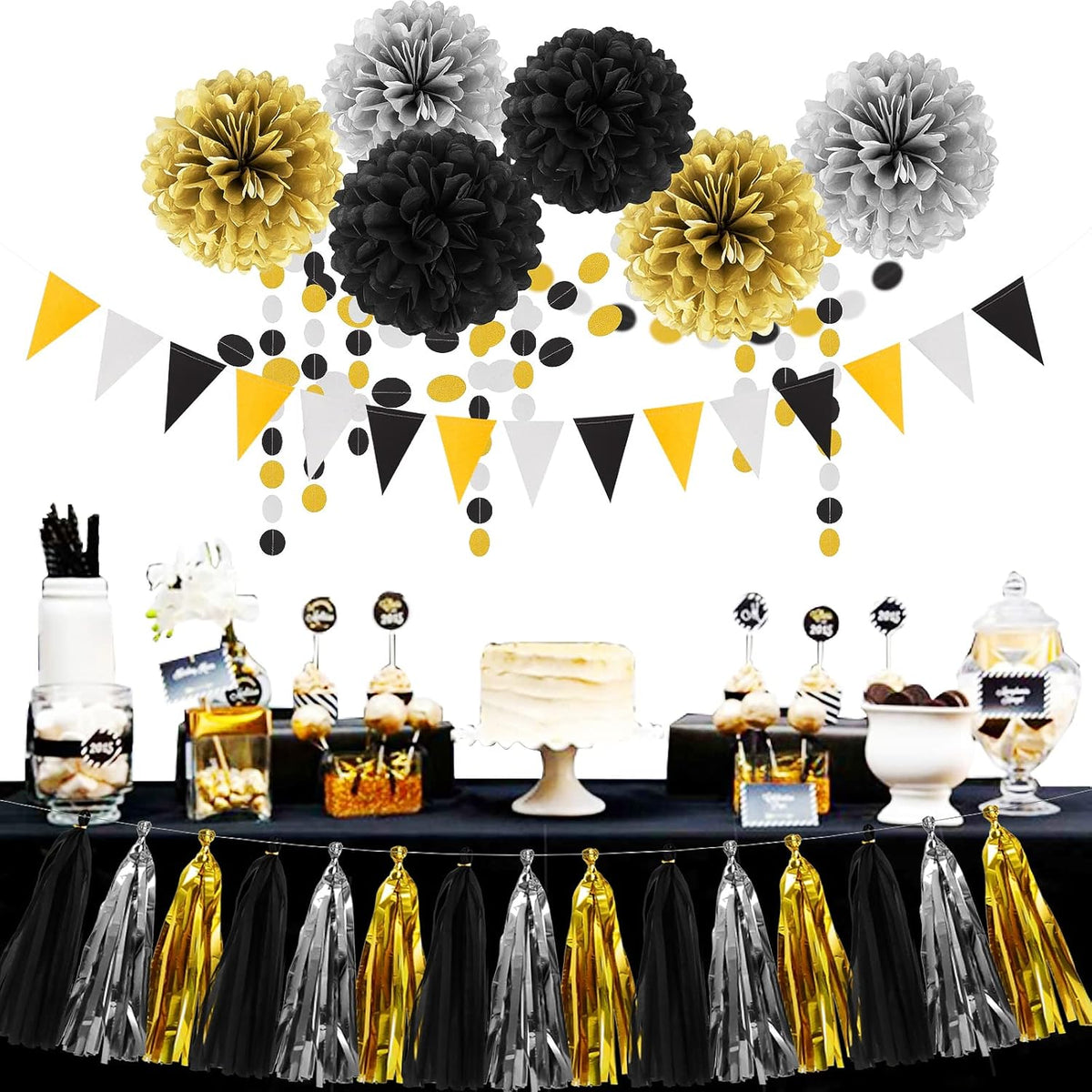 Silver Black Gold Party Decorations - 23pcs Tissue Paper Flowers Pom Poms Tassel Garland Pennant