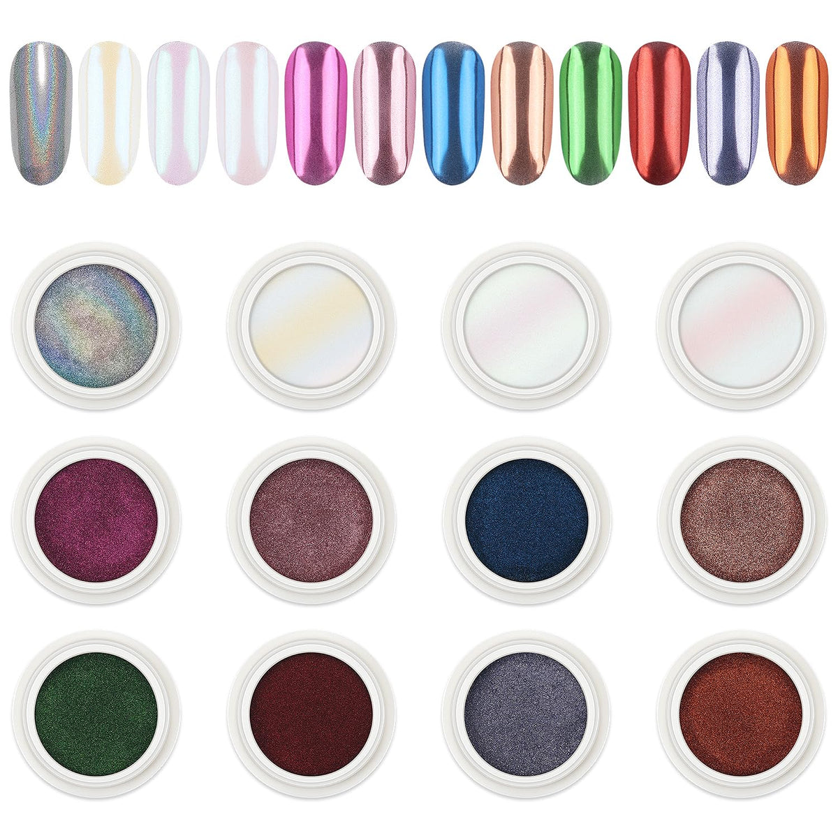 AIMEILI Pearl Chrome Nail Powder, Vegan, Cruelty Free, 12 Colors Aurora Metallic Holographic Mirror