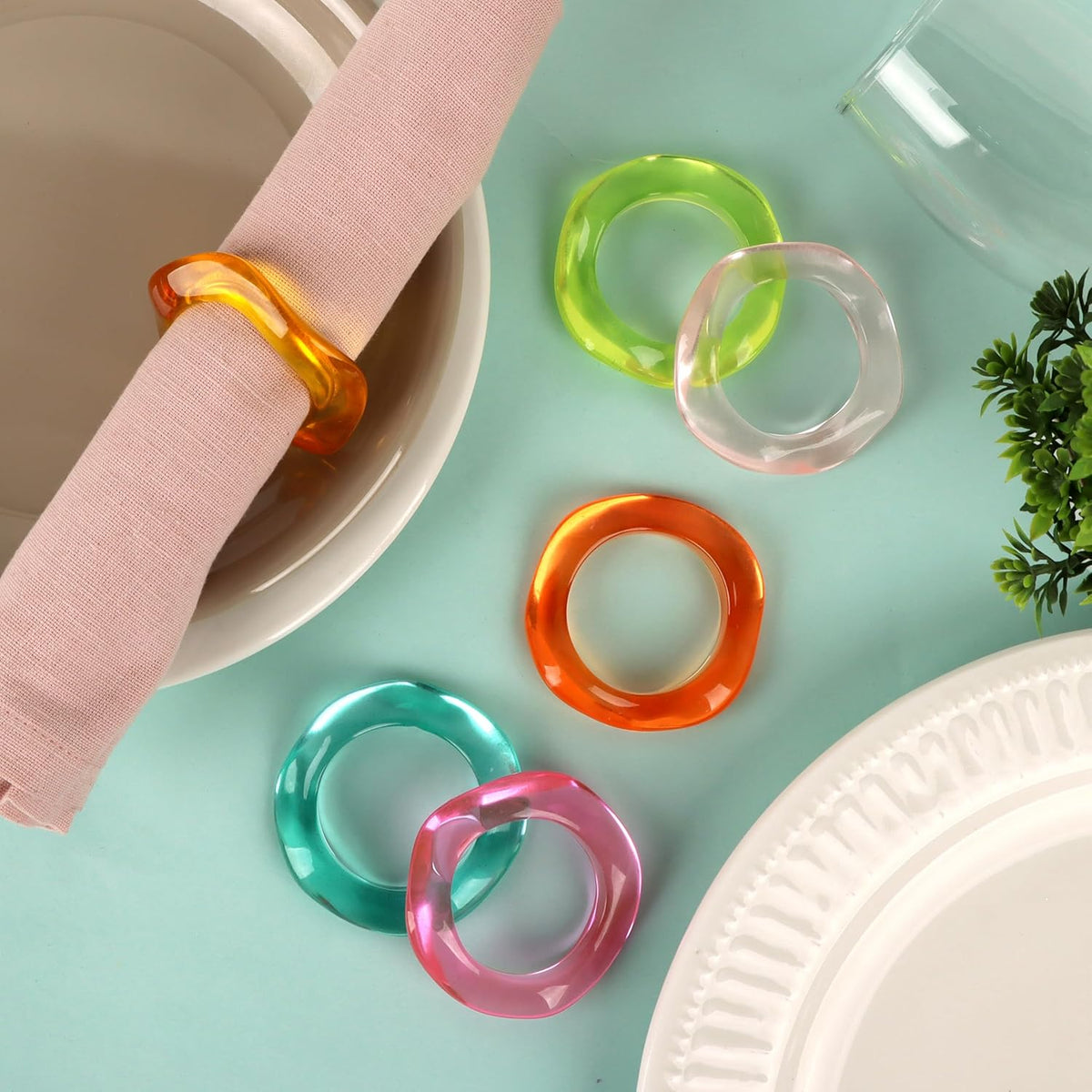 Epoxy Resin Spring Napkin Rings Set of 12 - Irregular Napkin Holders for Dining Table, Party Decor