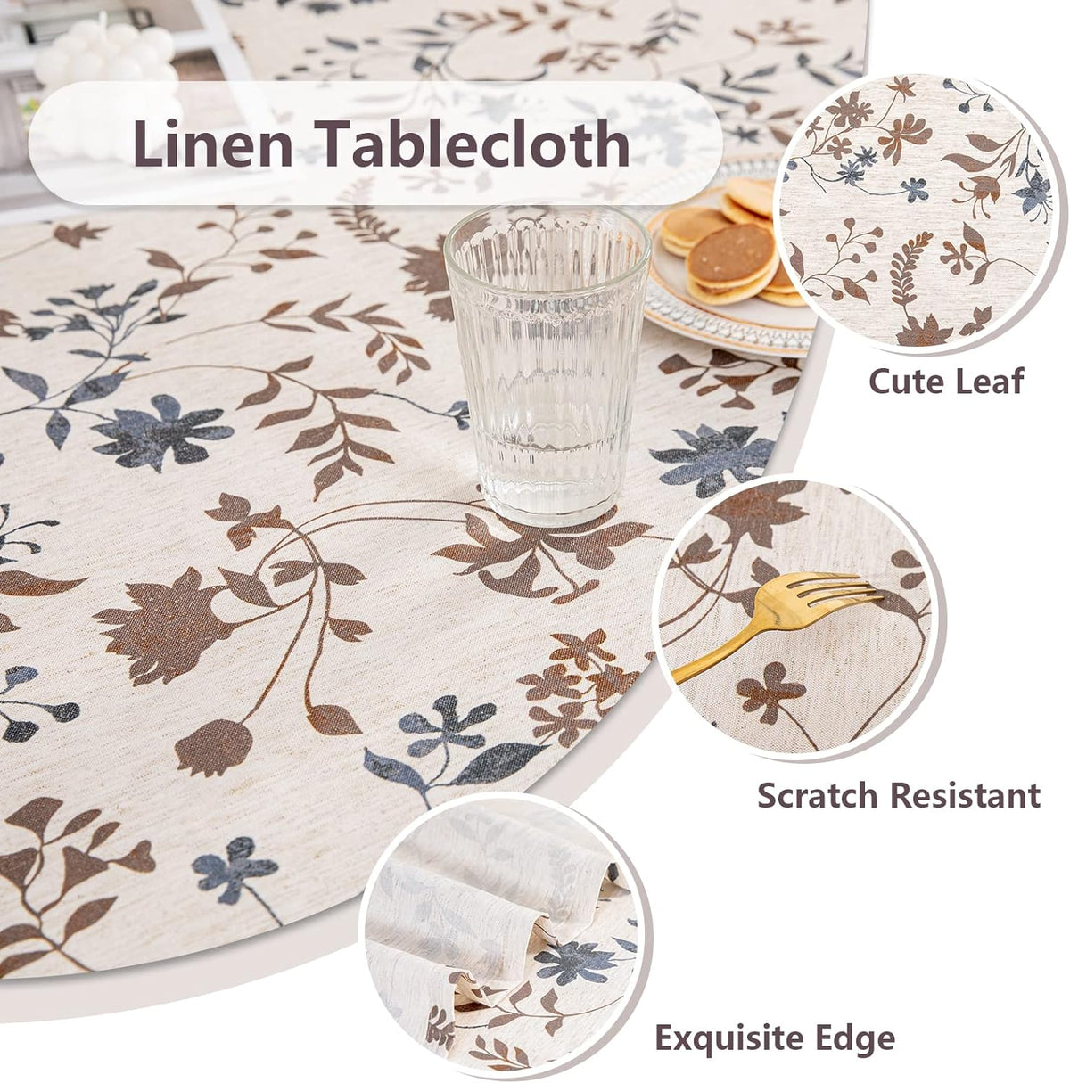 MYSKY HOME Rustic Tablecloth Classic Brown Leaves Printed Linen Fabric Table Cover Waterproof