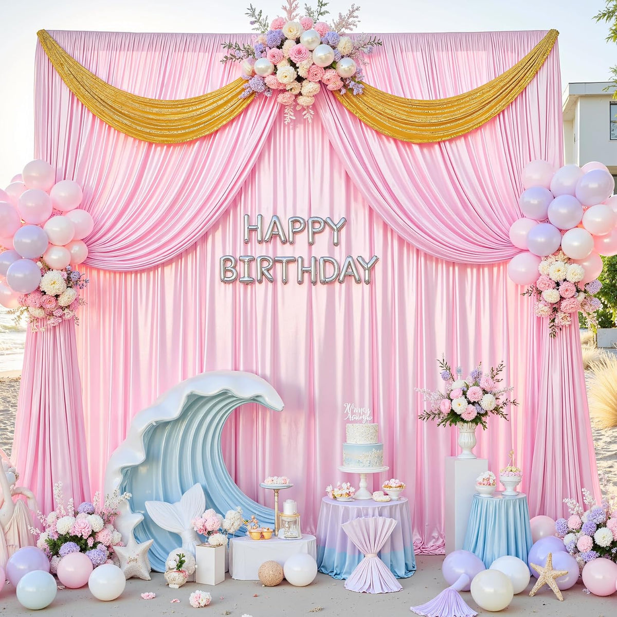 Pink Satin Backdrop Curtains 2 Panels - Glitter Photo Drapes for Baby Shower, 10x10FT Shimmer Back