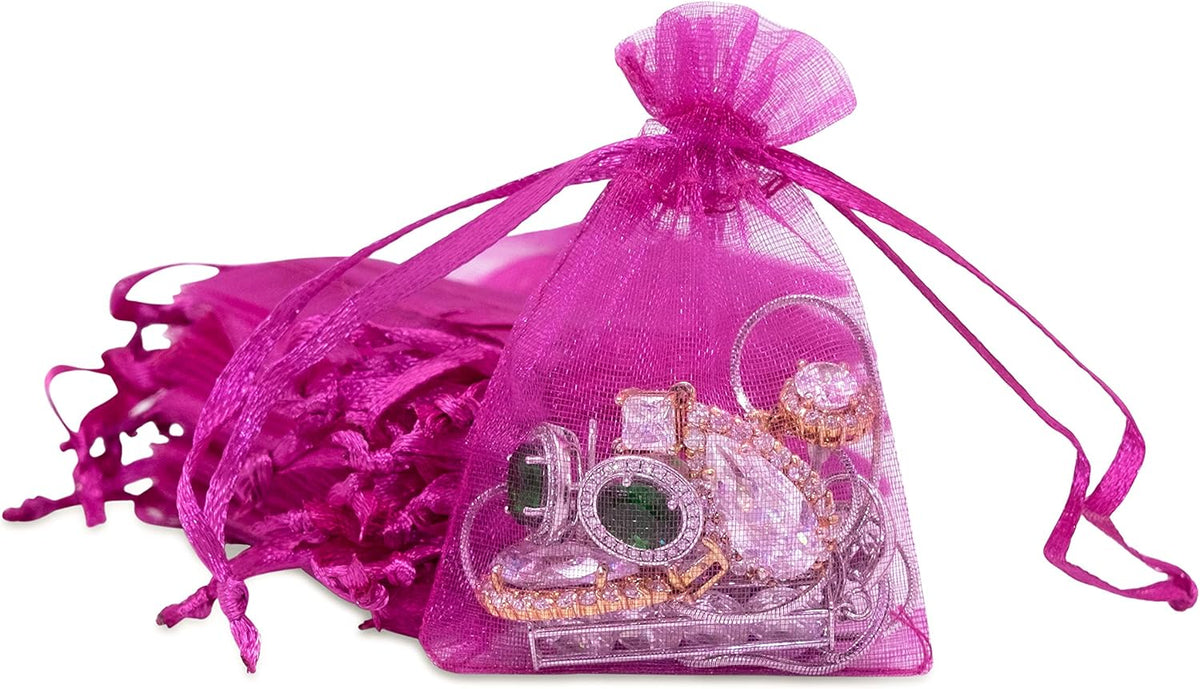 TheDisplayGuys 48-Pack 2" x 2-3/4" Hot Pink Sheer Organza Gift Bags with Drawstring, Jewelry Candy