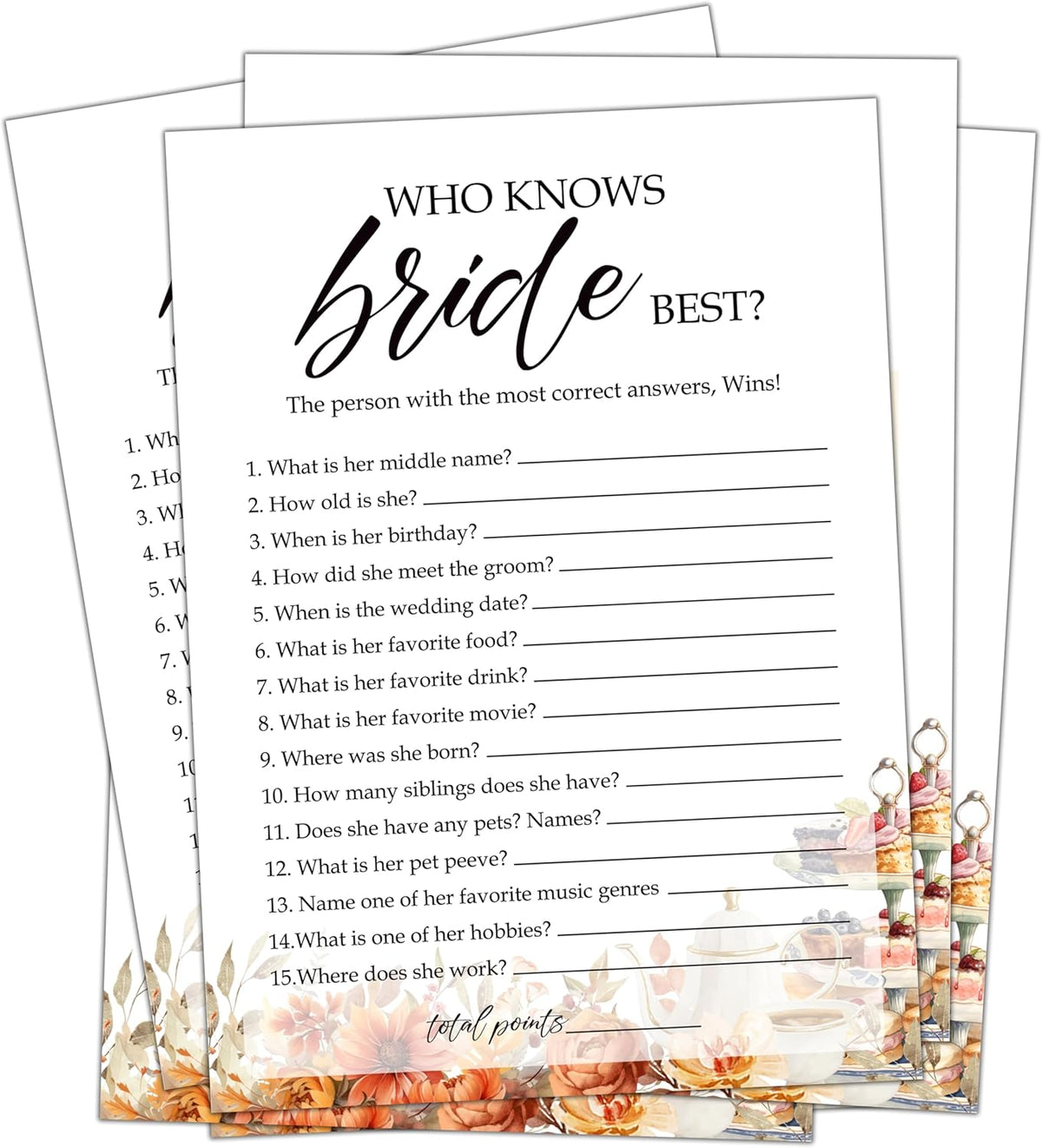 Fall Bridal Shower Games Cards, Who Knows Bride Best Wedding Bachelorette Party Games, Fall in Love