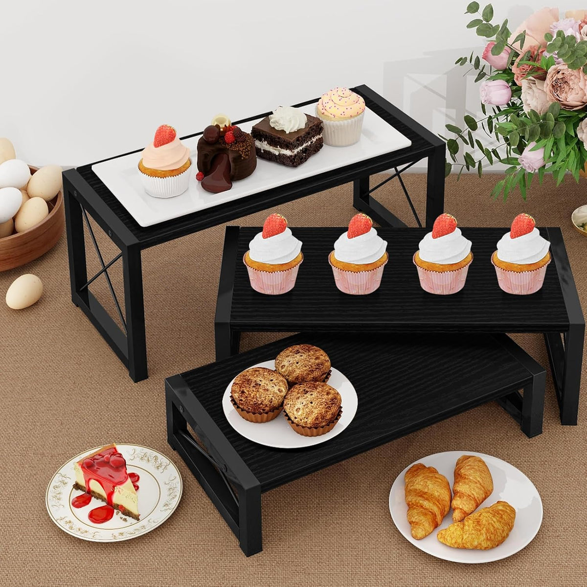 ELITEROO Black 3-Tier Wooden Cupcake and Dessert Display Stand, Multi-Tier Riser for Cupcakes