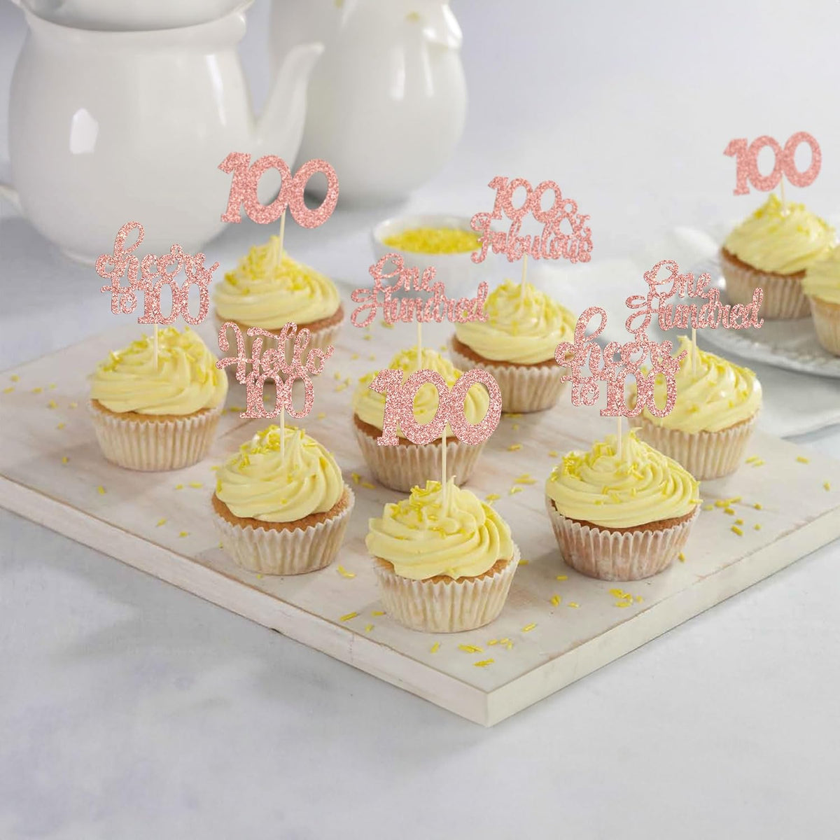 30pcs Happy 100th Birthday Cupcake Toppers - Rose Gold Glitter One Hundred Cheers to 100 Years Old