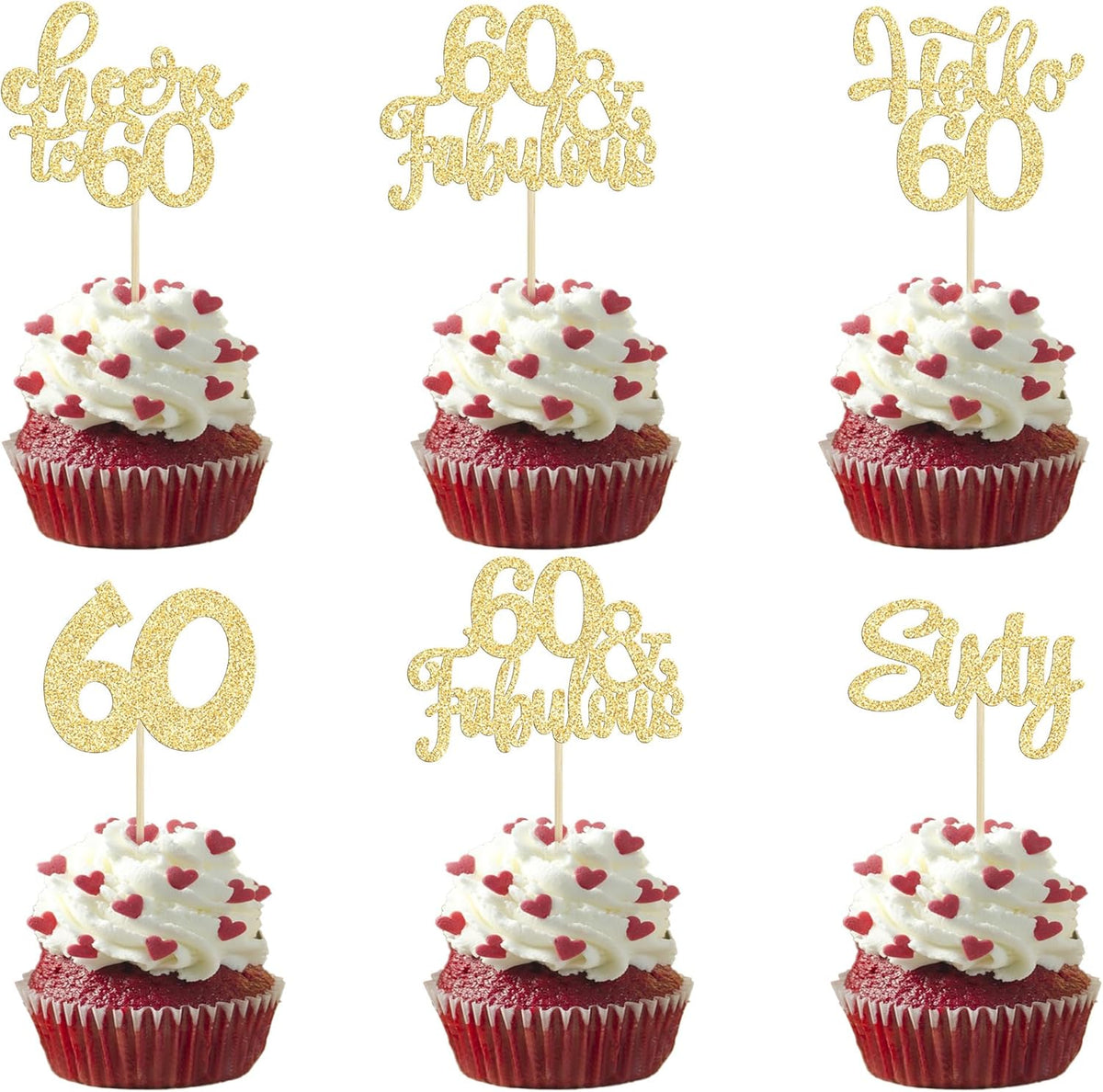 30Pcs Happy 60th Birthday Cupcake Toppers Gold Glitter Sixty Cake Toppers Cheers to 60 Years Old