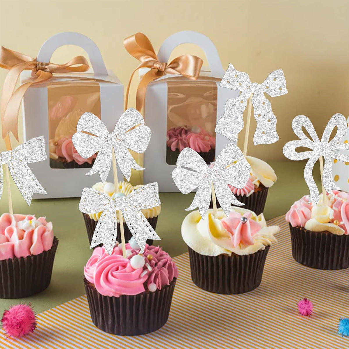 Ephlyn 24pcs Silver Bow Cupcake Toppers for Birthday, Baby Shower, Bridal Shower, Wedding