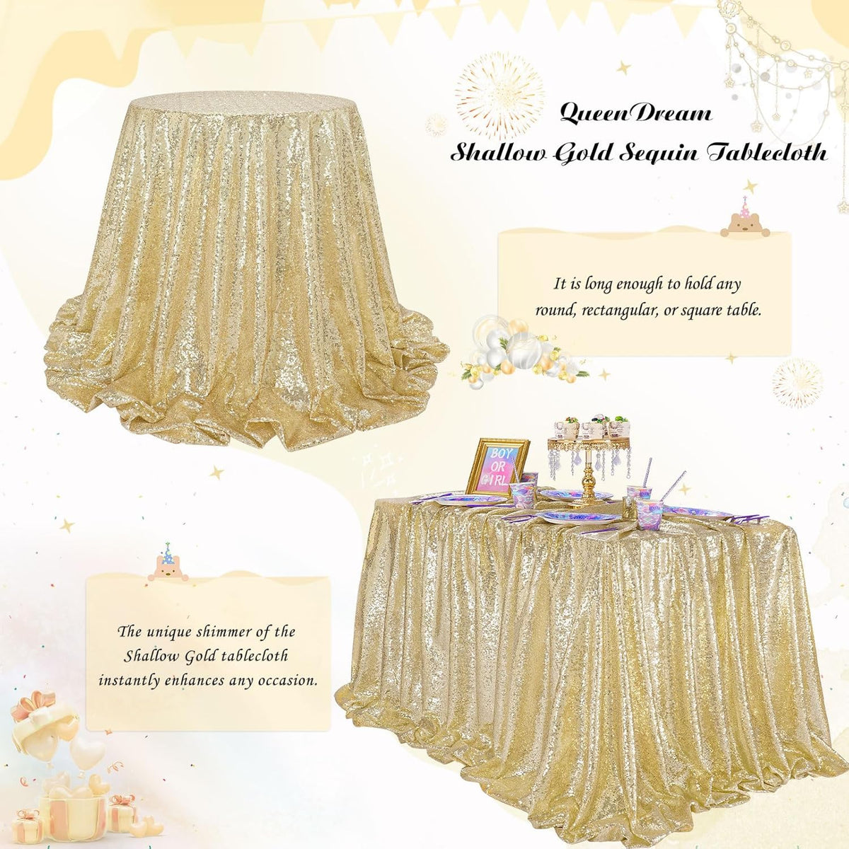 QueenDream Light Gold Sequin Decorative Party Tablecloth: Large Shimmer Dessert Table Overlay