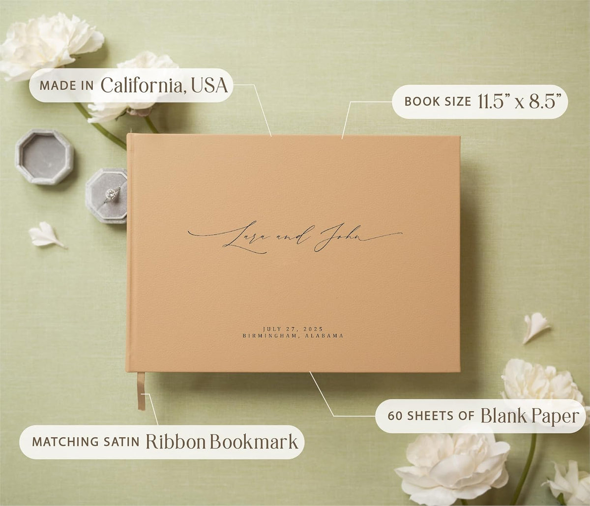 MUUJEE Personalized Guestbook in Tan - Premium Tan Leatherette Custom Modern Guest Book for Wedding