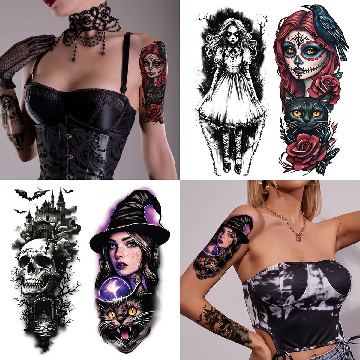 77 Sheets Witch Temporary Tattoos Women Men Adults, Skeleton Death Skull Pointed Black Hats Brooms