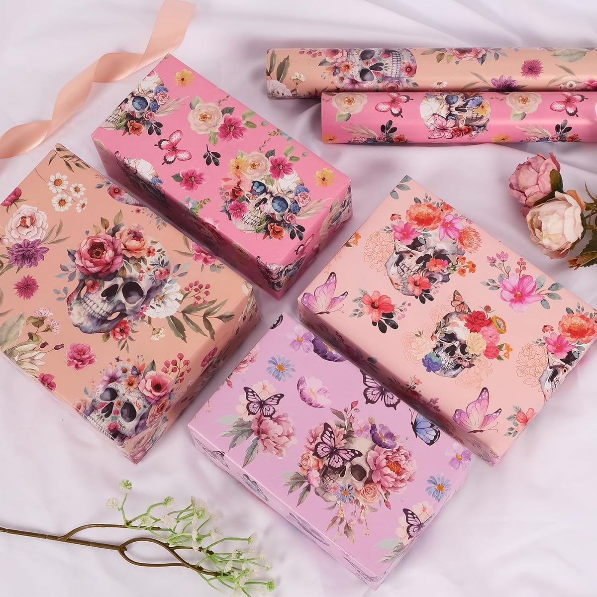 Aimyoo Gothic Wrapping Paper Rolls, 17 Inch X 10 Feet - 4 Rolls - Skull Floral Butterfly Design