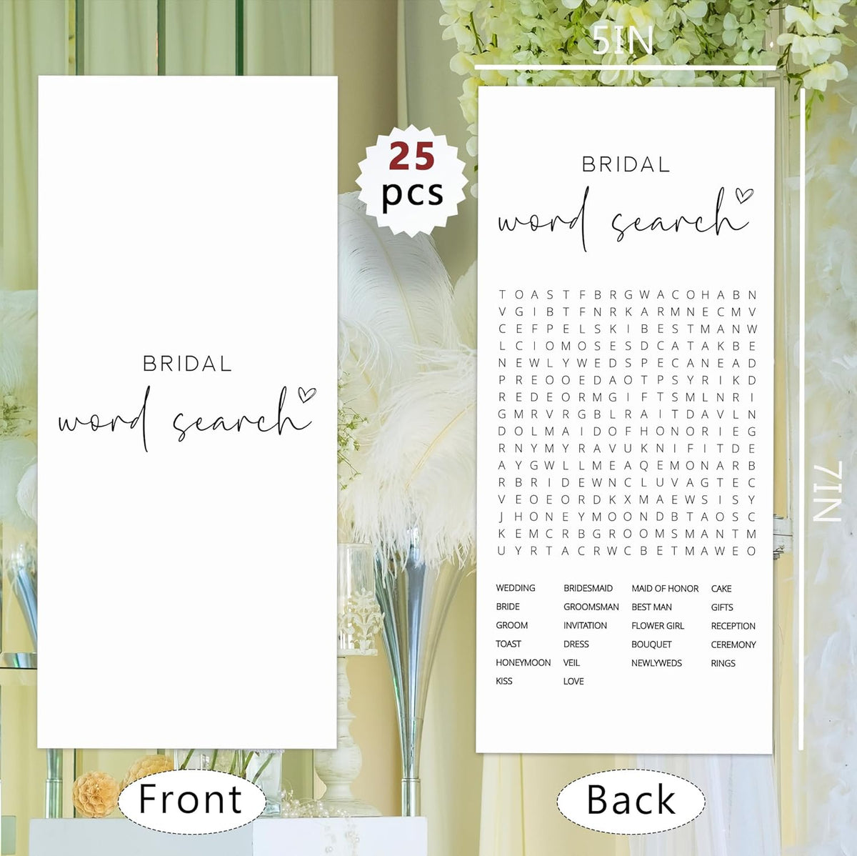 Bridal Shower Games, Word Search, 25Pcs 4x9inch Minimalist White Double-Sided Bridal Game Cards
