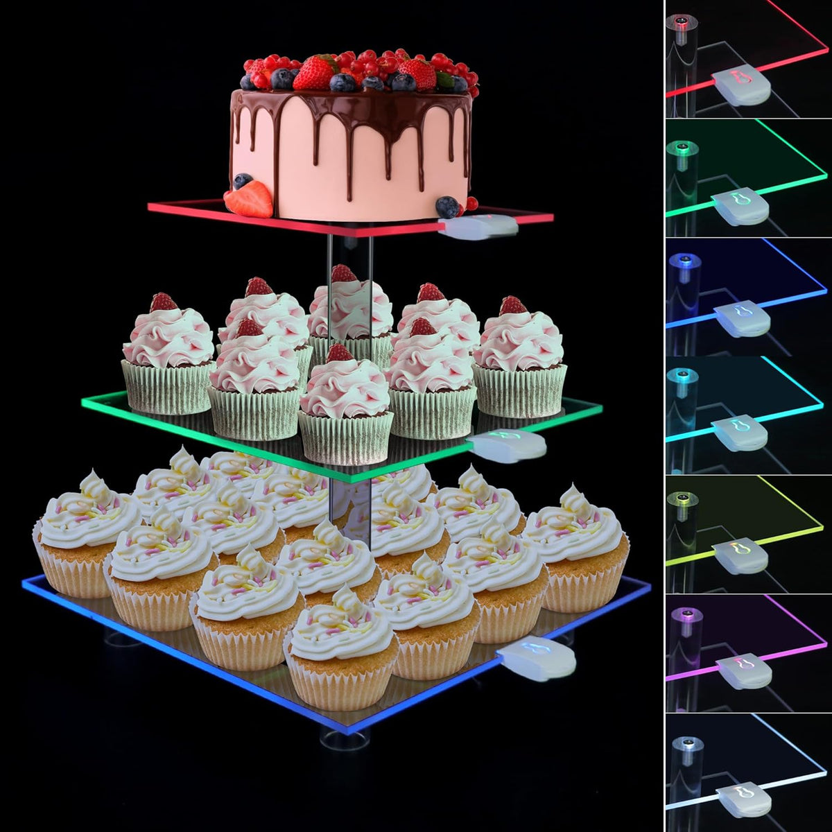 Cupcake Stand for 24 Cupcakes, 3 Tier Cupcake Holder with Rechargeable LED, 7 Colors Light Cupcake