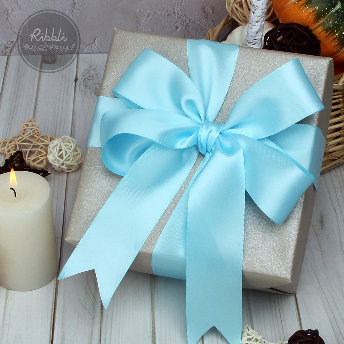 Ribbli Light Blue Baby Blue Double Faced Satin Ribbon,1-1/2” x Continuous 25 Yards,Use for Bows