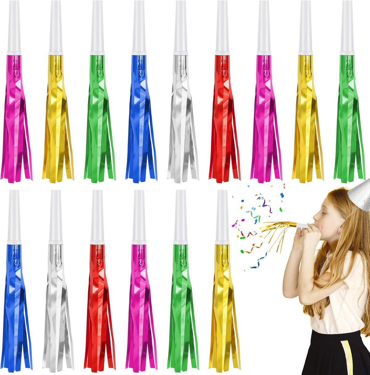 24 Pcs Glitter Noise Makers Metallic Fringed Party Blower for Adults Birthday Graduation New Years
