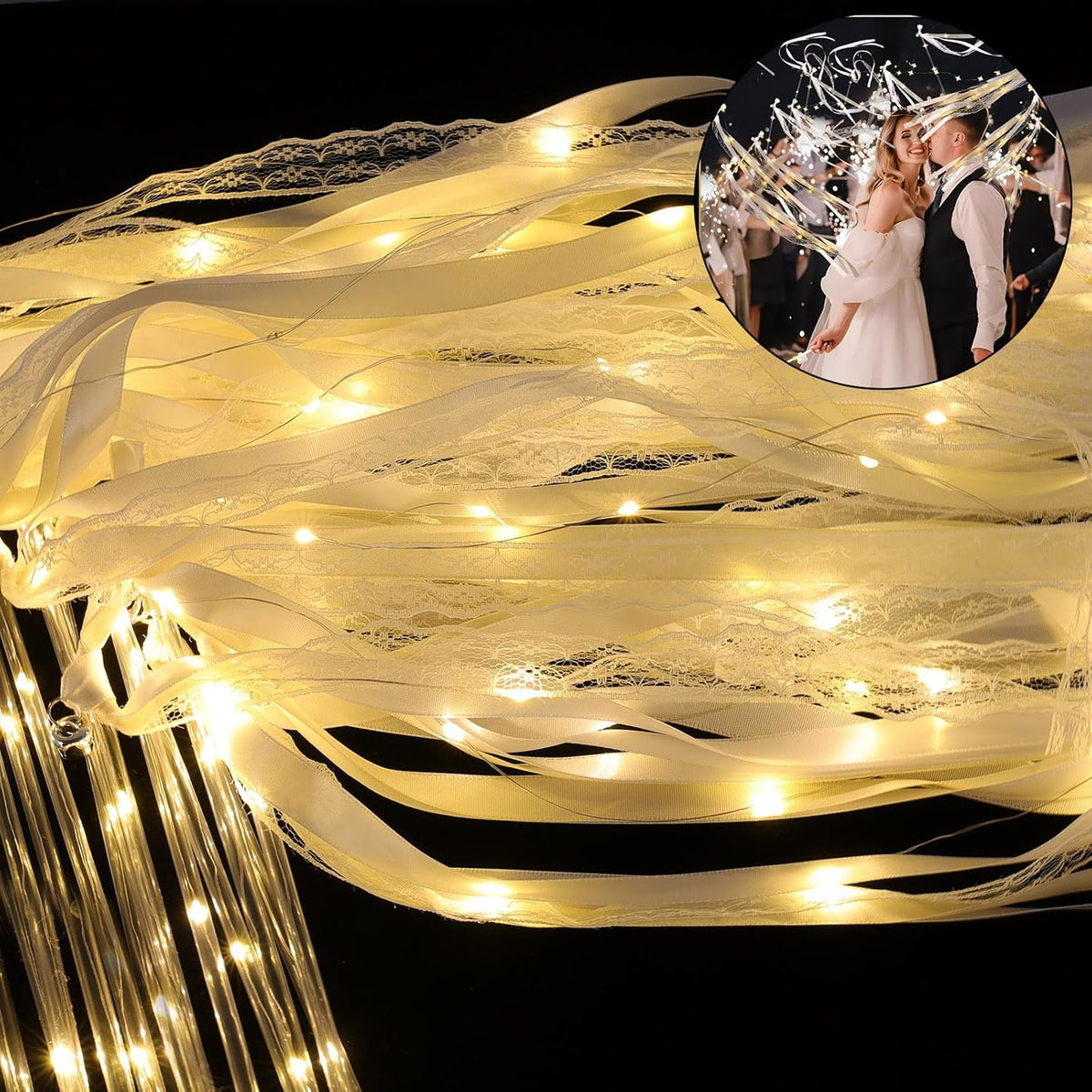 100 Pcs Wedding Wands Ribbon with 3 Colorful Flashing Modes, Light up LED Silk Fairy Wands, Glow