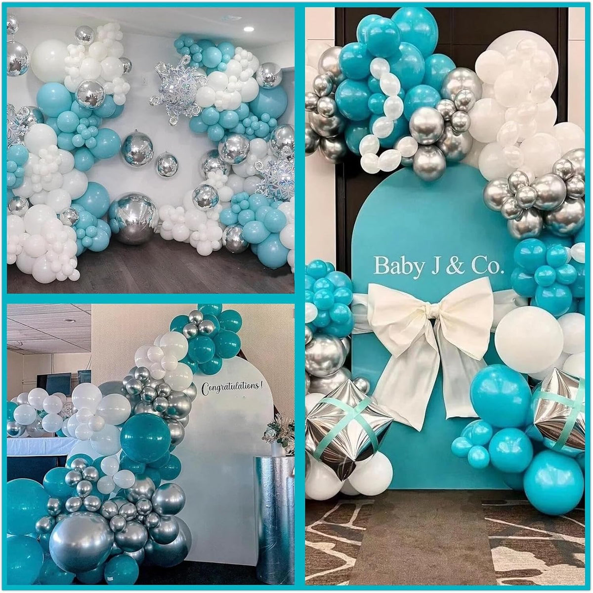 412Pcs Teal Silver White Balloon Garland Arch Kit, 18 12 10 5 Inch Different Size White Metallic
