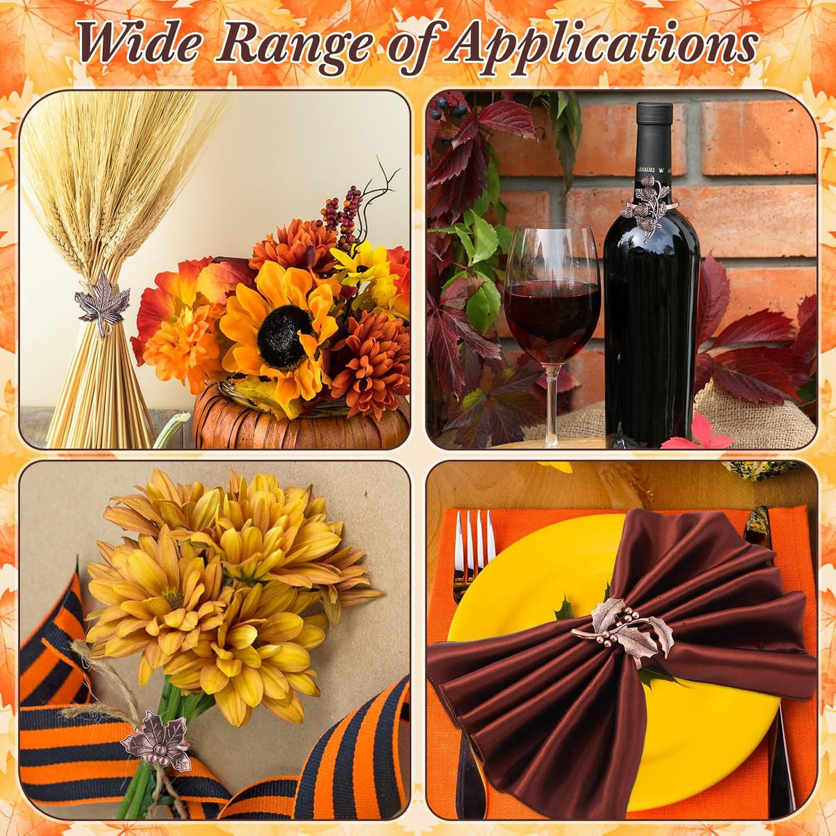 Remerry 8 Pcs Thanksgiving Napkin Ring Harvest Fall Leaf Pumpkin Holders Retro Alloy Metal Napkin