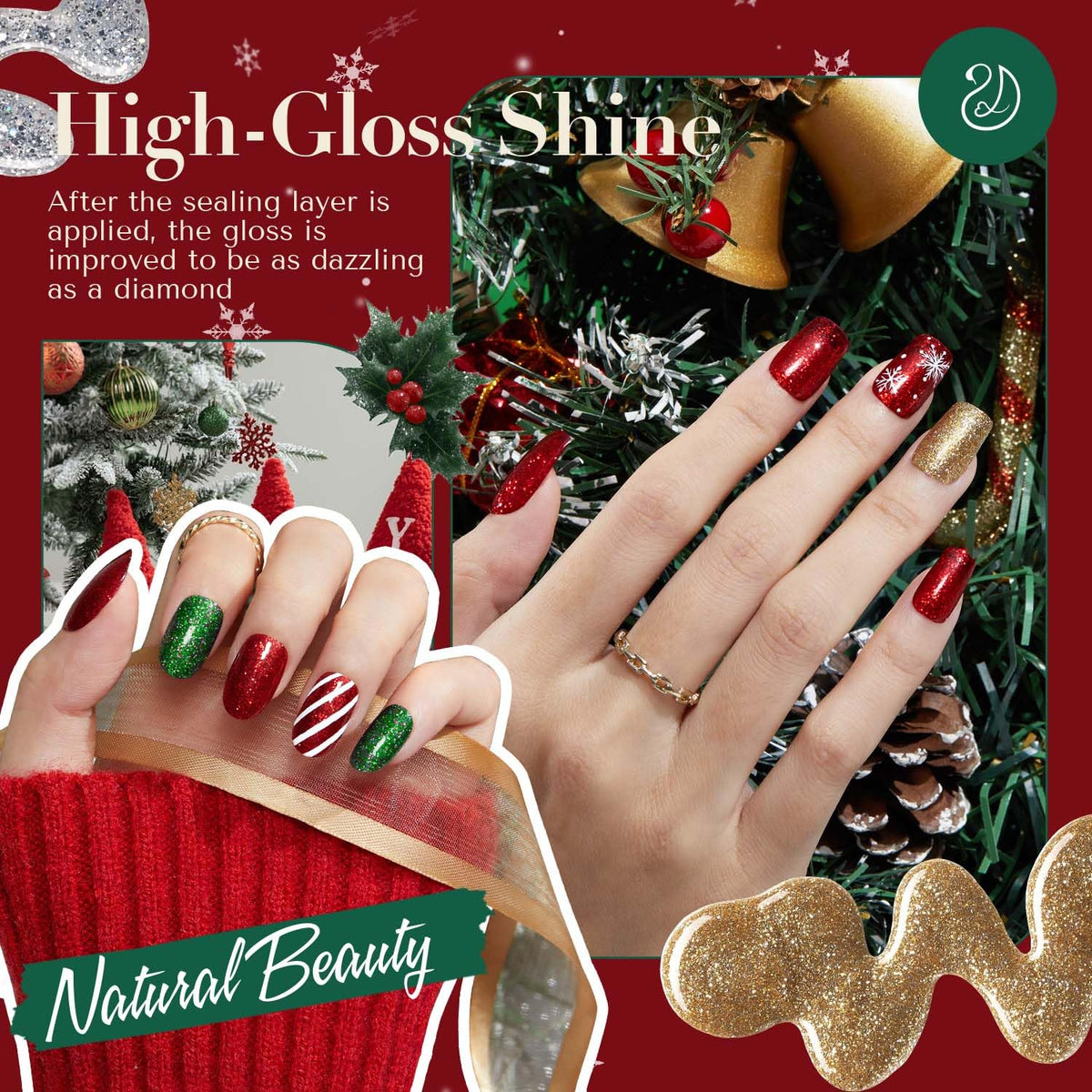 AZUREBEAUTY Nail Polish Set, 4 Colors Christmas Glitter Red Green Gold Silver Quick Dry Natural