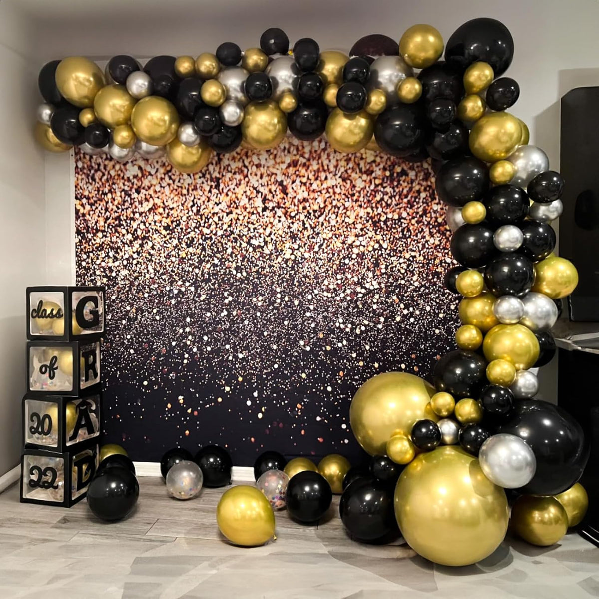 Black and Gold Balloons Set, 12 Inch Black Gold Silver Balloon New Year Eve Party Decoration Black