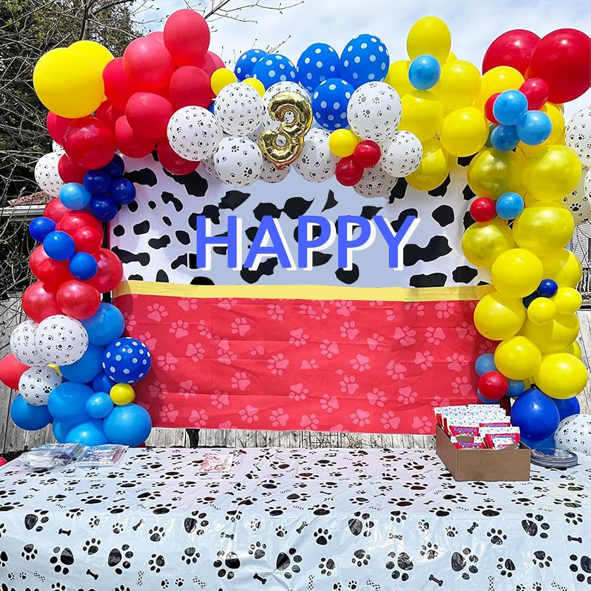 Dog Paw Balloons, 12 Inch Carnival Circus Balloons Red Yellow Blue and White Paw Print Puppy