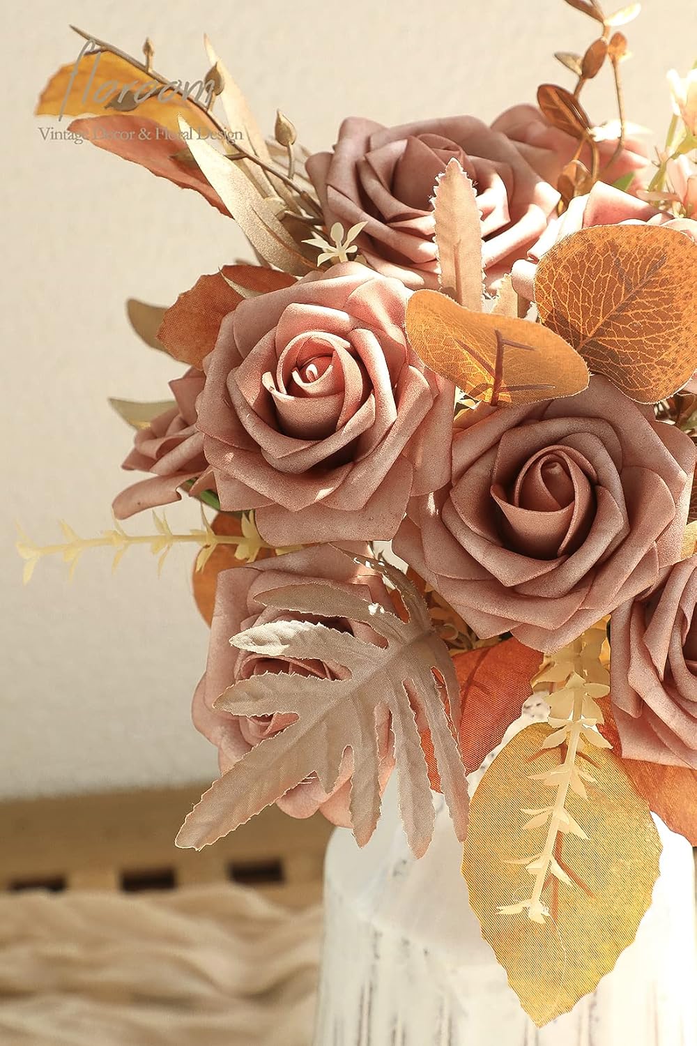 Floroom Artificial Flowers 25pcs Real Looking Warm Taupe Foam Fake Roses with Stems for DIY Wedding